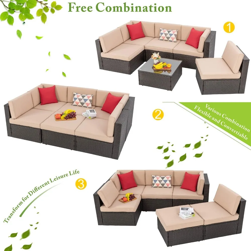 6 Piece Small Patio Furniture Sets, All Weather PE Wicker Rattan Outdoor Sectional Sofa with Glass Table, Cushions and Pillows