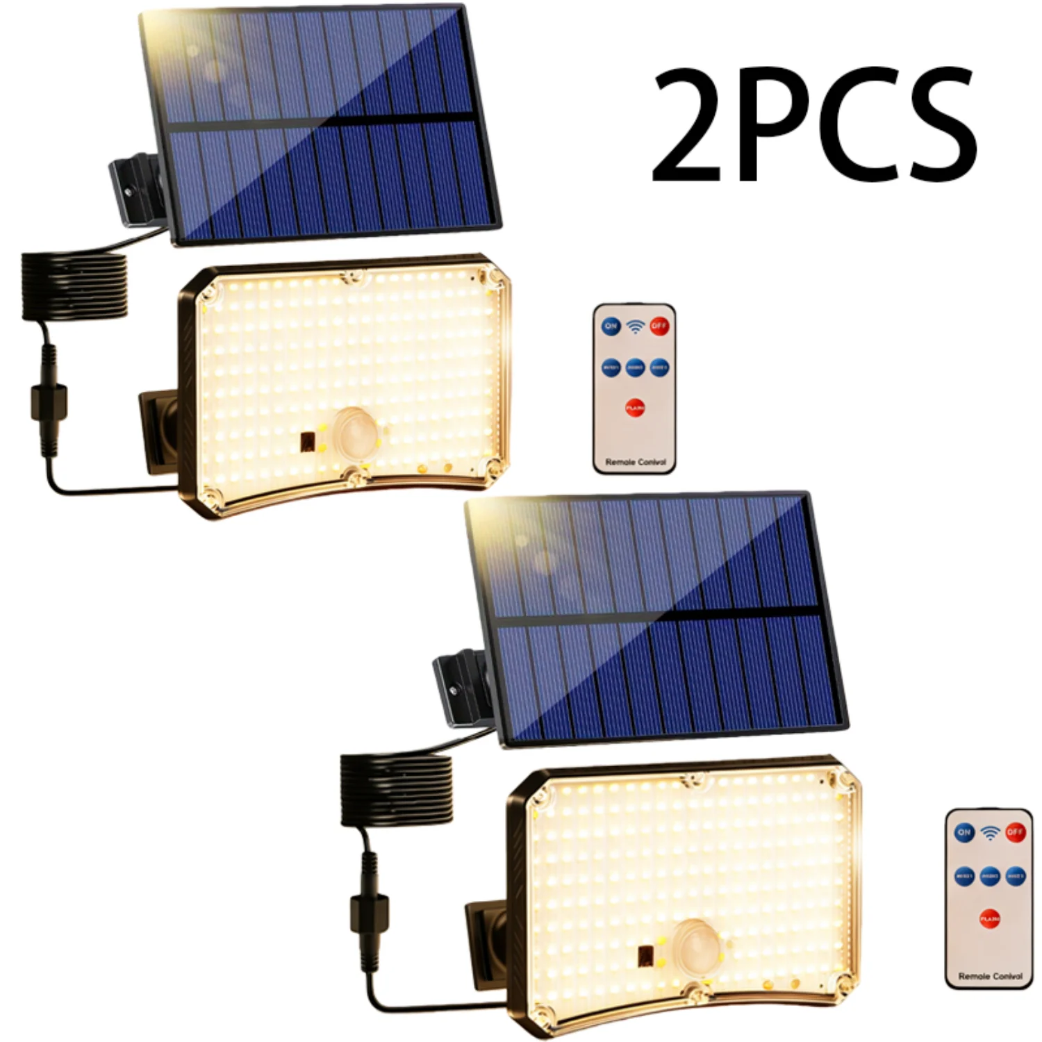 Lámpara Solar Exterior de 200 LED Blanco Cálido, Sensor de Movimiento, 4 Modos de Iluminación, IP65 Impermeable, Lámpara de Seguridad con Control Remoto para Jardín