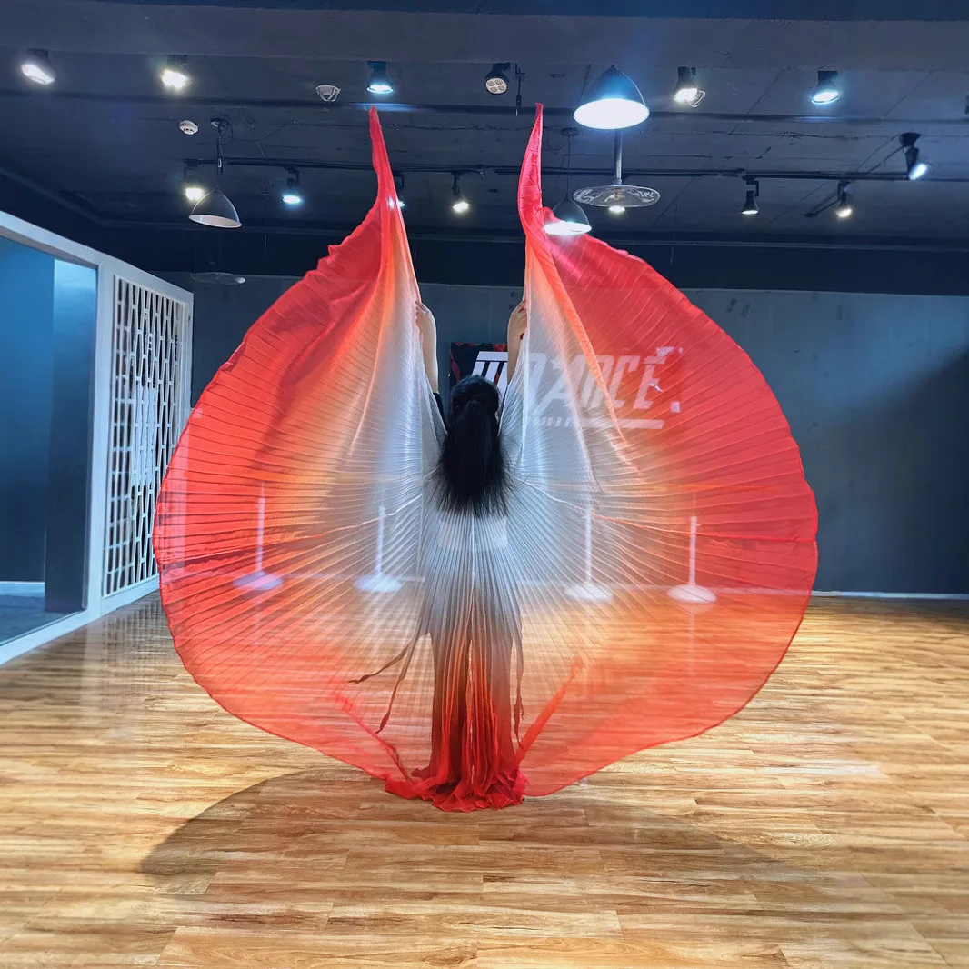 Creative belly dance costume white and red gradual change chiffon cape female performance back ornament props golden wings wing
