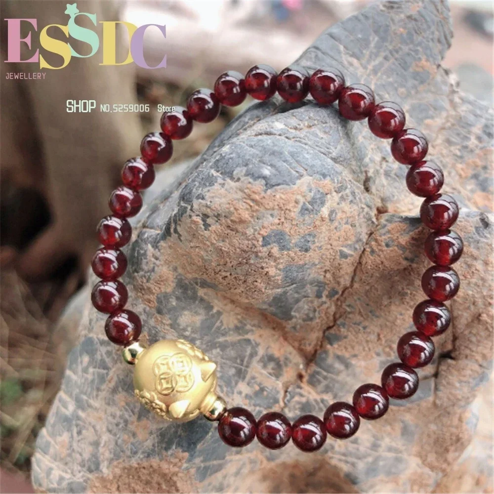 New Design 999 Sterling Silver Charm Natural Garnet Beads  Girl's Birthday Gift Golden Pig Cuff Bracelet for Women