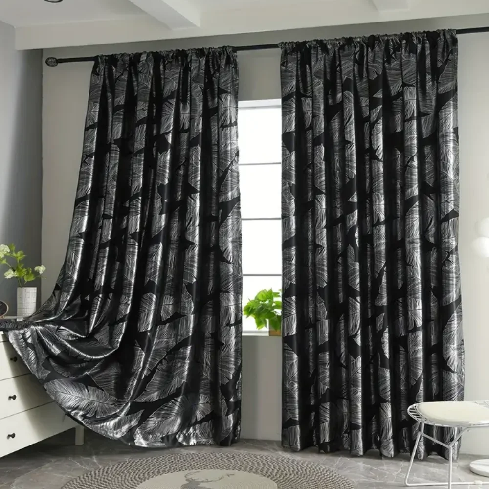 Single Layer Blackout Curtain with Leaf Pattern Print, High Precision Silver Color Drapes, Premium Light Blocking Fabric for Hom