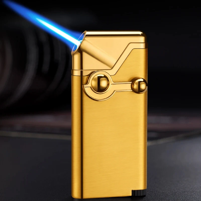 Thin Rocker Oblique Fire Windproof Metal Pipe Lighter Cigarette Cigar Butane Gas Blue Flame Direct Injection Lighter Men\'s Gift