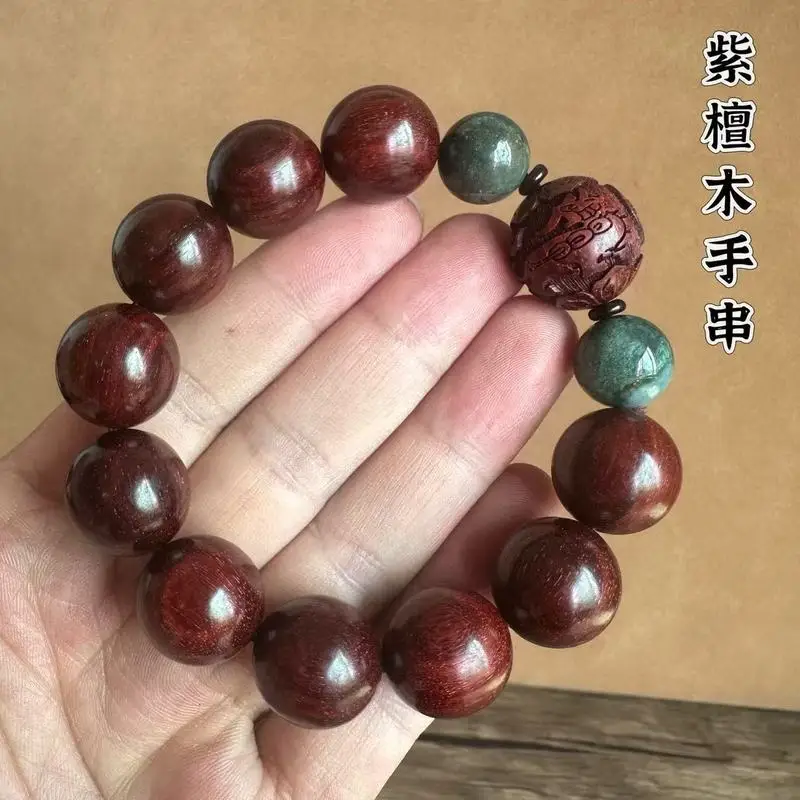 African small-leaf rosewood bracelet, single-strand unisex for spiritual practice with carved Pi Xiu (a mythical creature)