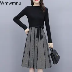 Sweater Dress Fall Winter patchwork Long Sleeve Women Elegant Knitted A-Line pleated Dress Female Korean Lace-Up Vestidos 2023