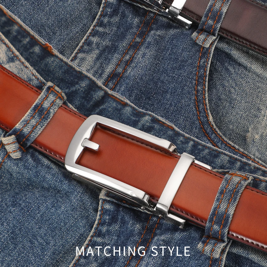 Athosline-Formal Ratchet Belt for Men's Dress, Automatic Click Buckle, Genuine Leather, Brown, 1.5"