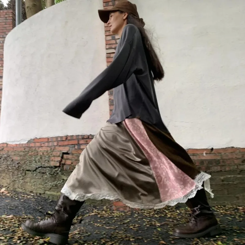 

Y2k Vintage Patchwork Lace Maxi Skirt For Women High Waist Mid-length Loose Skirts 2025 Summer New Faldas Sexy Mujer