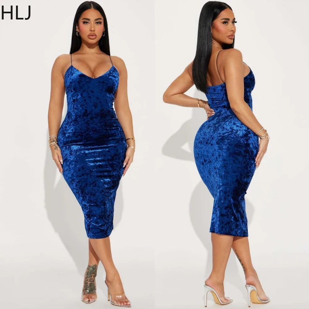 

HLJ Sexy V Neck Bodycon Suspended Dress Women Thin Strap Sleeveless Slim Mid Dresses Female Solid Party Club Vestidos Clothing