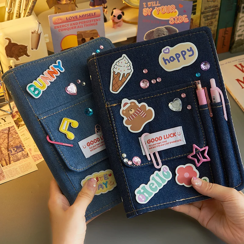 Denim Cover Notebook Binder A5 Size Y2K Kpop Loose Leaf Book With Pen Pocket 100 Sheets Line Grid DIY Diary Album A7734