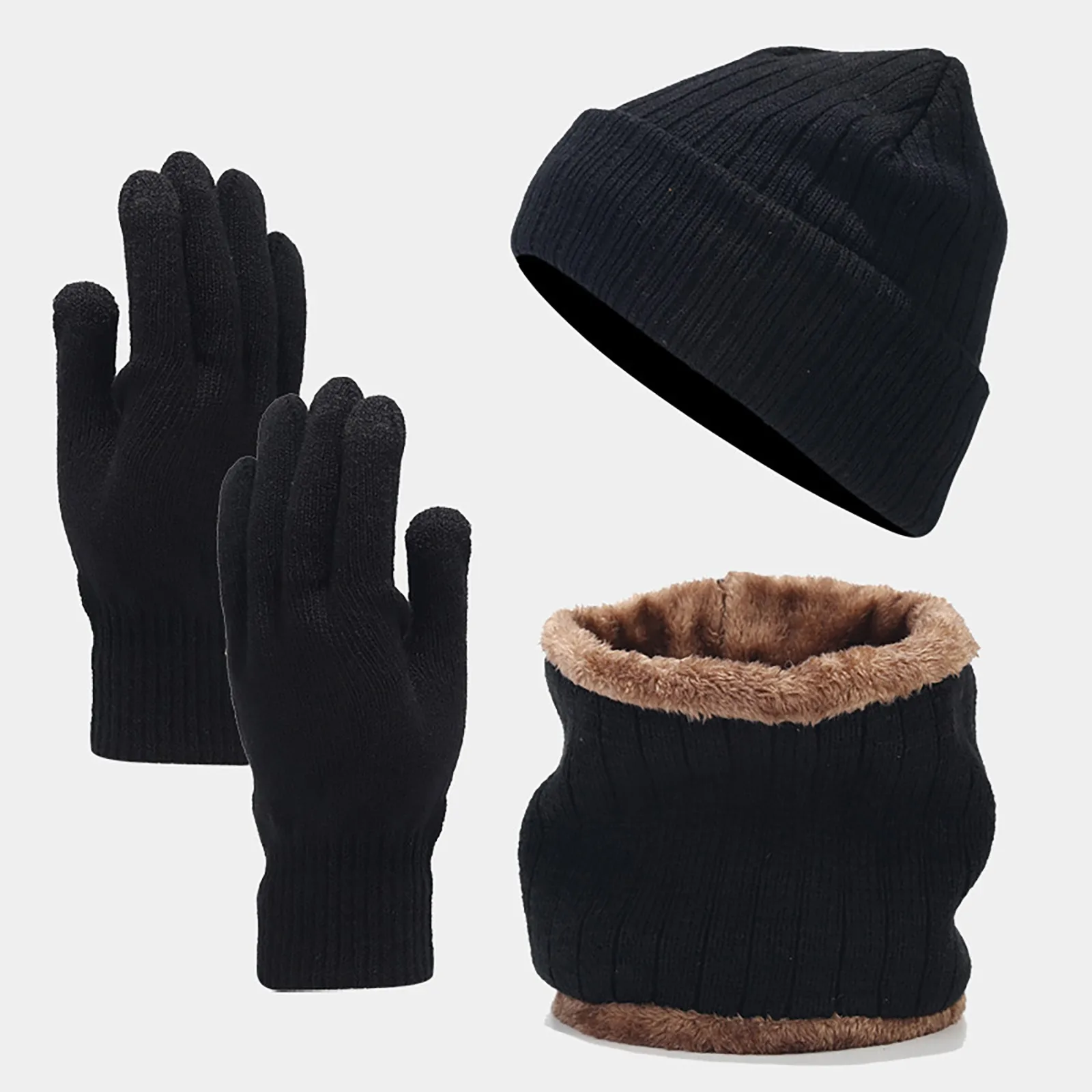 

3 Piece Outdoor Cold Weather Thermal Set for Men Women Winter Wool Beanie Hat Fleece Lined Neck Warmer Scarf and Gloves Set