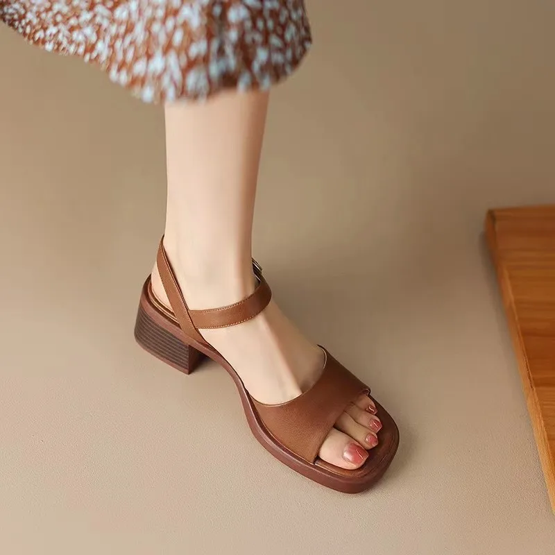 Women Brown Sandals Comfort Summer Hollow Open Toe Square Heel Shoes Fashion Buckle Strap Open Toe Women\'s High Heel Sandals