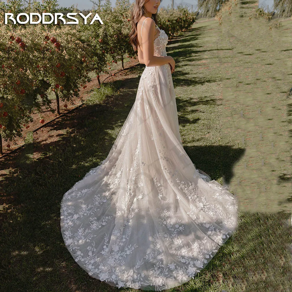 RODDRSYA-vestido de novia de tul brillante para mujer, traje de novia con tirantes finos, Espalda descubierta, 2024 Sparkly Tul Vestido De Novia