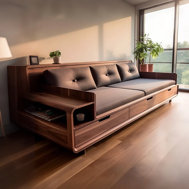 Medieval walnut solid wood straight-row sofa, high-end household new Chinese winter and summer dual-purpose storage drawer sofa