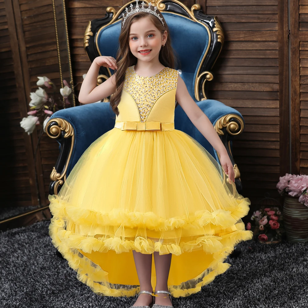 European style banquet evening dress for girls of 10 year old red sequin children birthday party dress tail girl wedding dress