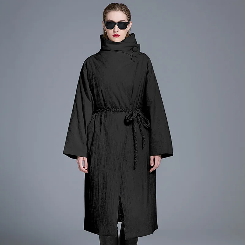 Luxury Brand White Duck Down Puffer Jacket Stand Collar Long Down Jacket Winter Warm Thick Coat Windproof Jacket Buttons Belt