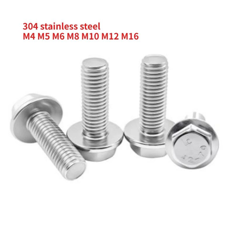 1-100PCS 304 Stainless Steel GB5789 Hexagonal Flange Bolt with Flat Non Toothed Flange Screw M4 M5 M6 M8 M10 M12 M16