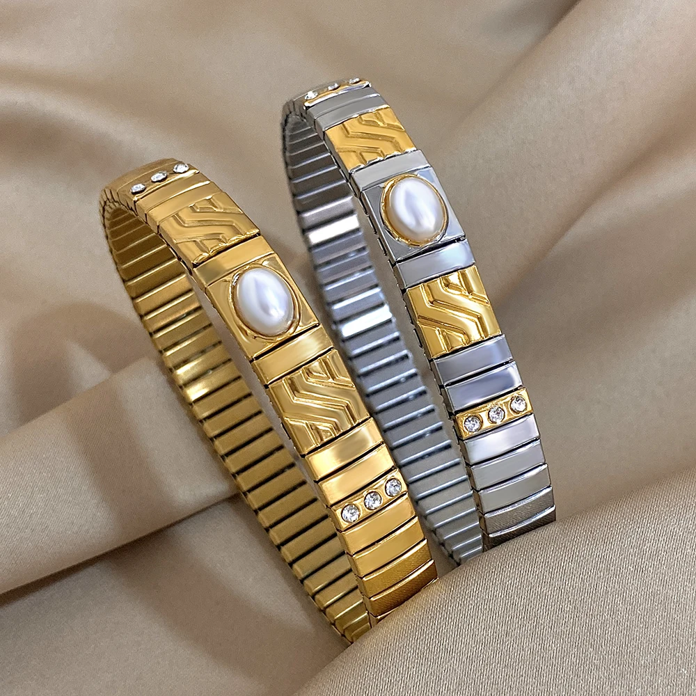 

Freetry Classics Stainless Steel Elastic Watch Chain Bracelet with Imitation Pearl for Women Cuff Bangle Waterproof Jewelry Gift