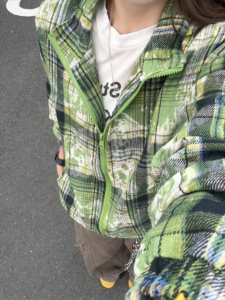 

Avocado een Tie Dye Plaid Men's irt Jaet Autumn Trendy American Retro Cleanfit Couple's Jaet Stand Fit Zipper Closure