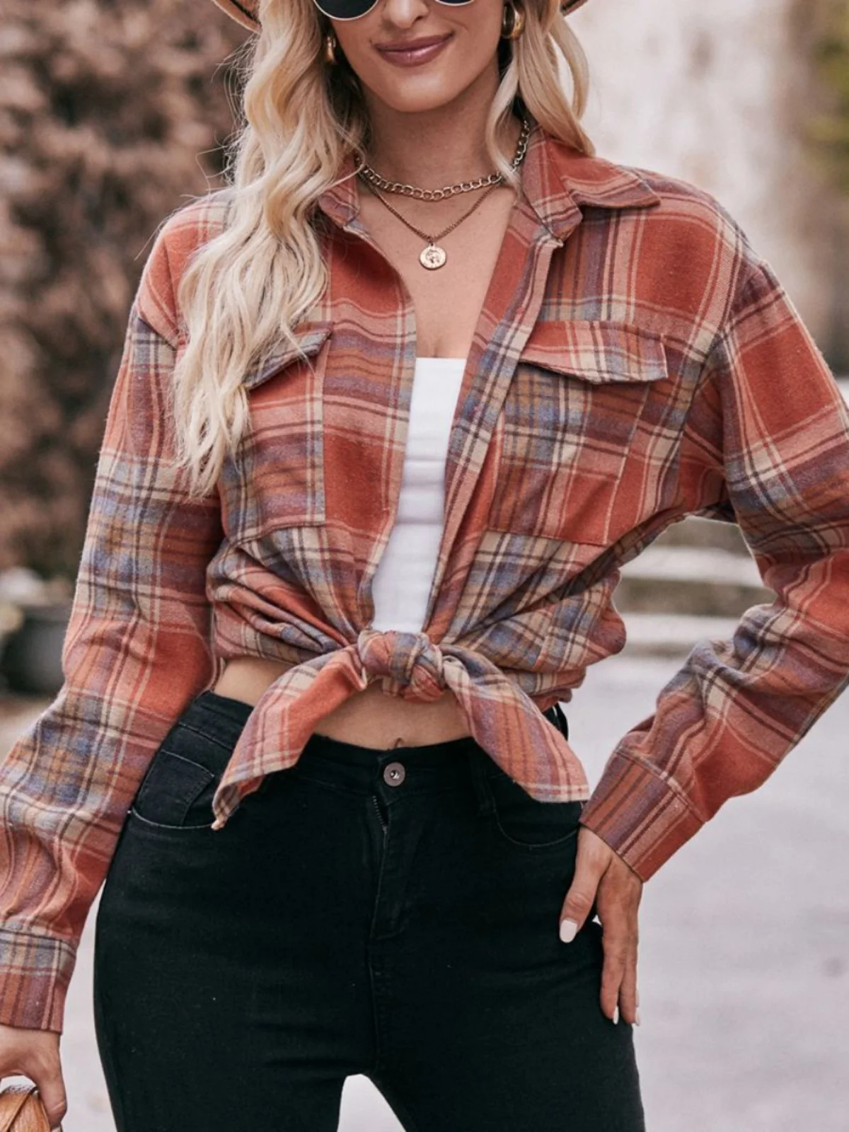 Faionable Plaid Long Sve irt femmes coupe droite Polyester col chaud longueur régulière imprimé Cardigan ouvert