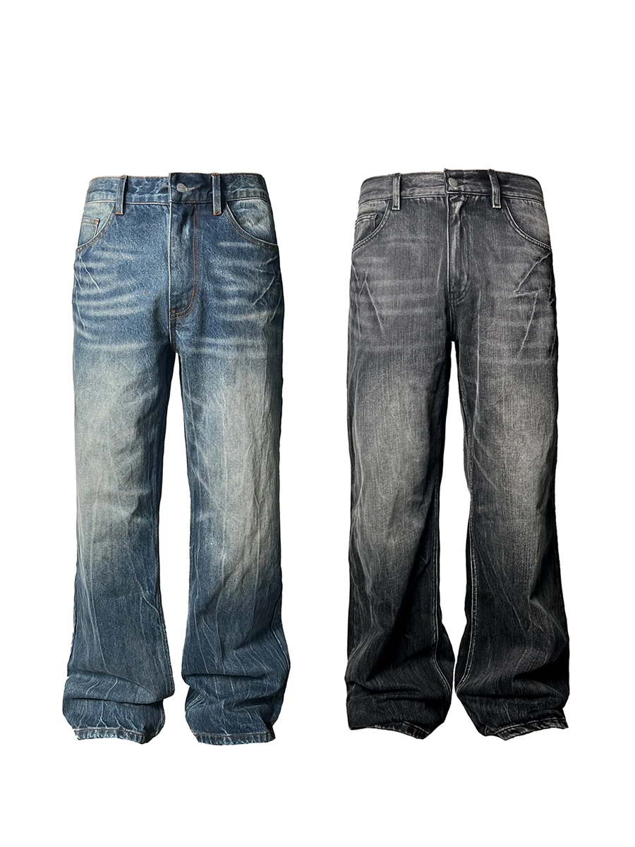 Cracked Jeans Heavy Washed Distressed Straight Trousers