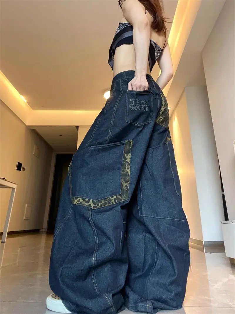 Loose Wide Leg Denim Jeans Women's Leopard Print Deep Blue American High Street Retro Knife  Trendy INS Casual Straight L...