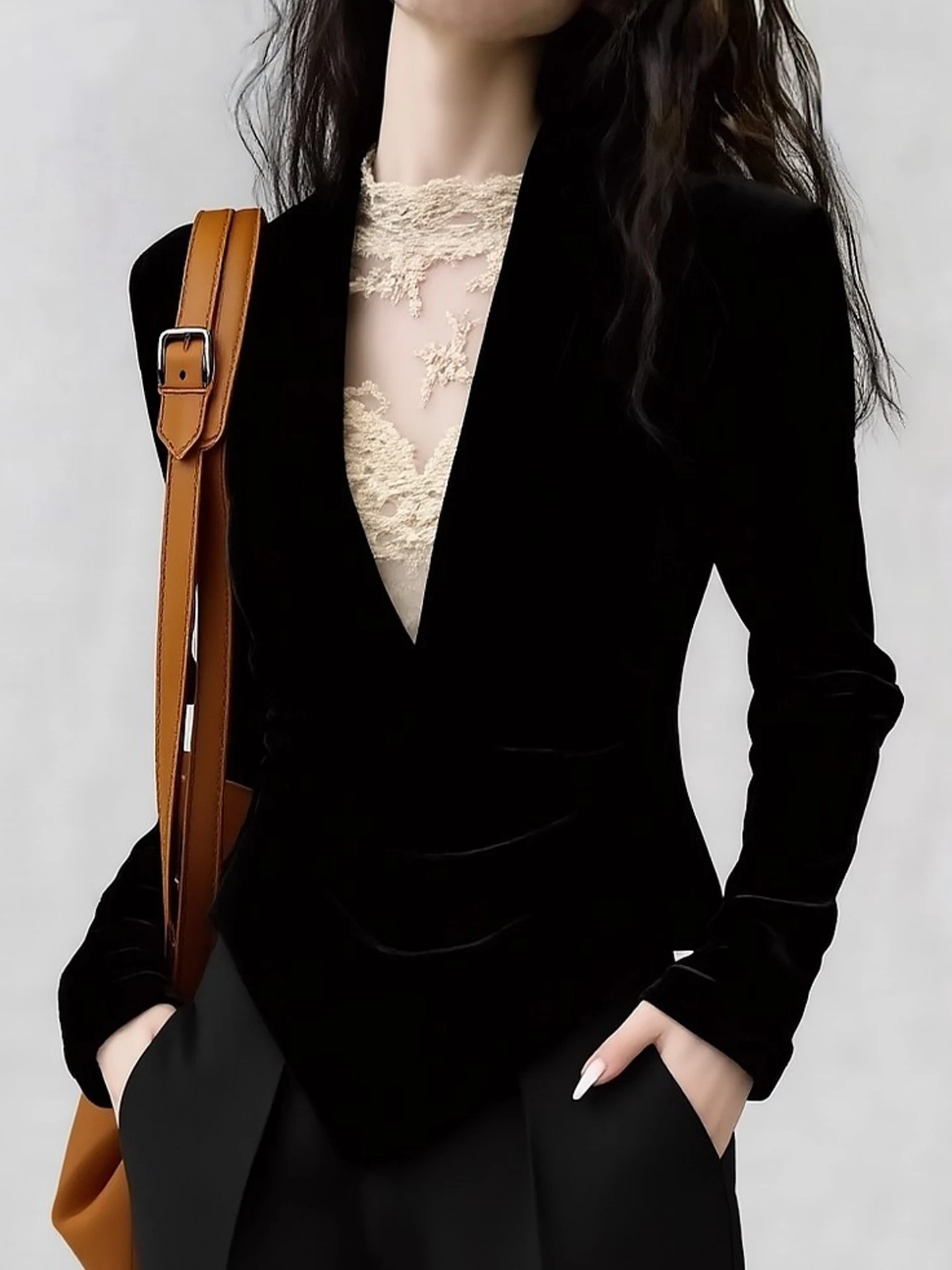 

Elegant Velvet Long Sleeve V-Neck Women's Base Shirt Fashionable Versatile Spring Clothing High-End Feelings Commute Style