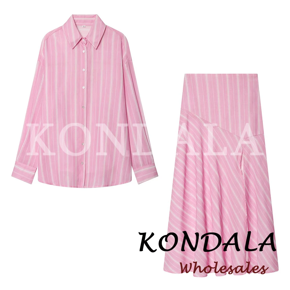 KONDALA Chic Fashion 2026 Women Pink Casual Striped Suits Single Breasted Loose Shirt+Draped Long Midi Split Skirt Female Sets view 5