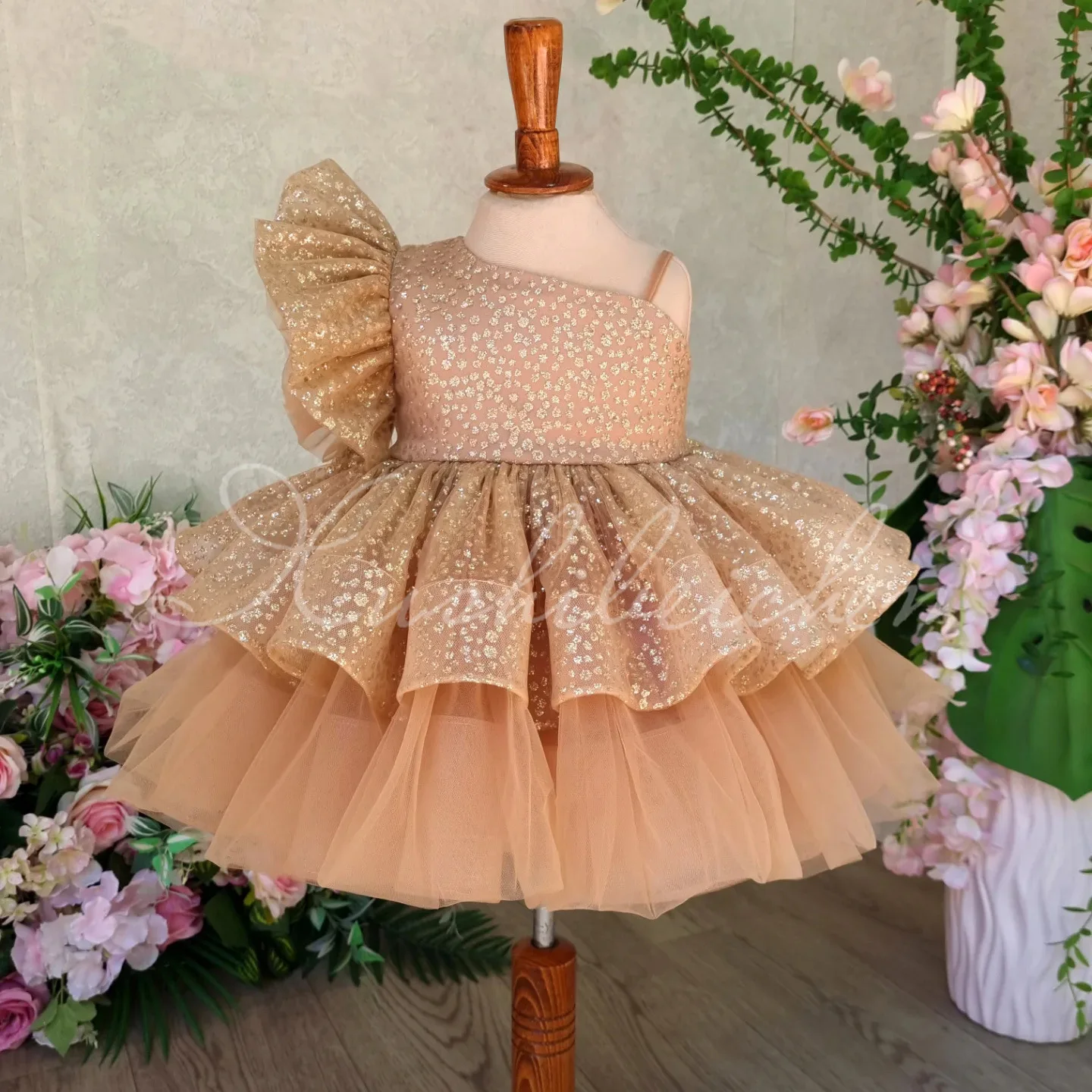 Flower Girls Dress Wedding Birthday Champagne Gold Sequin Dress - One-Shoulder Bow Tiered Tulle Tutu Christmas Performance Gown