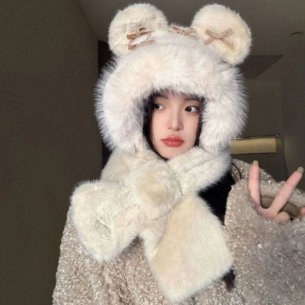 Casual Winter Balaclava Hat Windproof Thickened Beanies Cap Bowknot Keep Warm Integrated Scarf Hat Set for Women