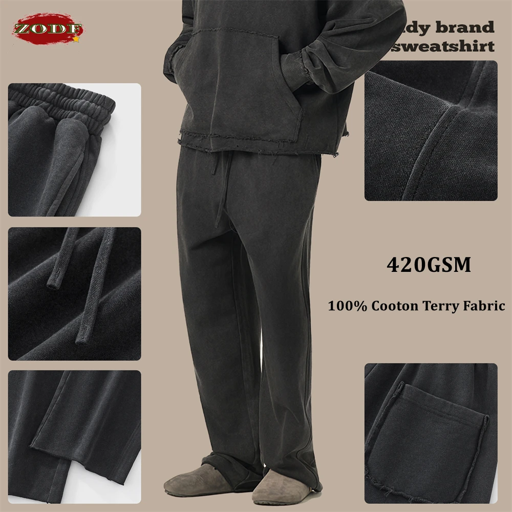 ZODF Vintage Man Washed Cotton Straight Pants Unisex 420gsm Loose Edge Distressed Sport Trousers Brand Design HY0049