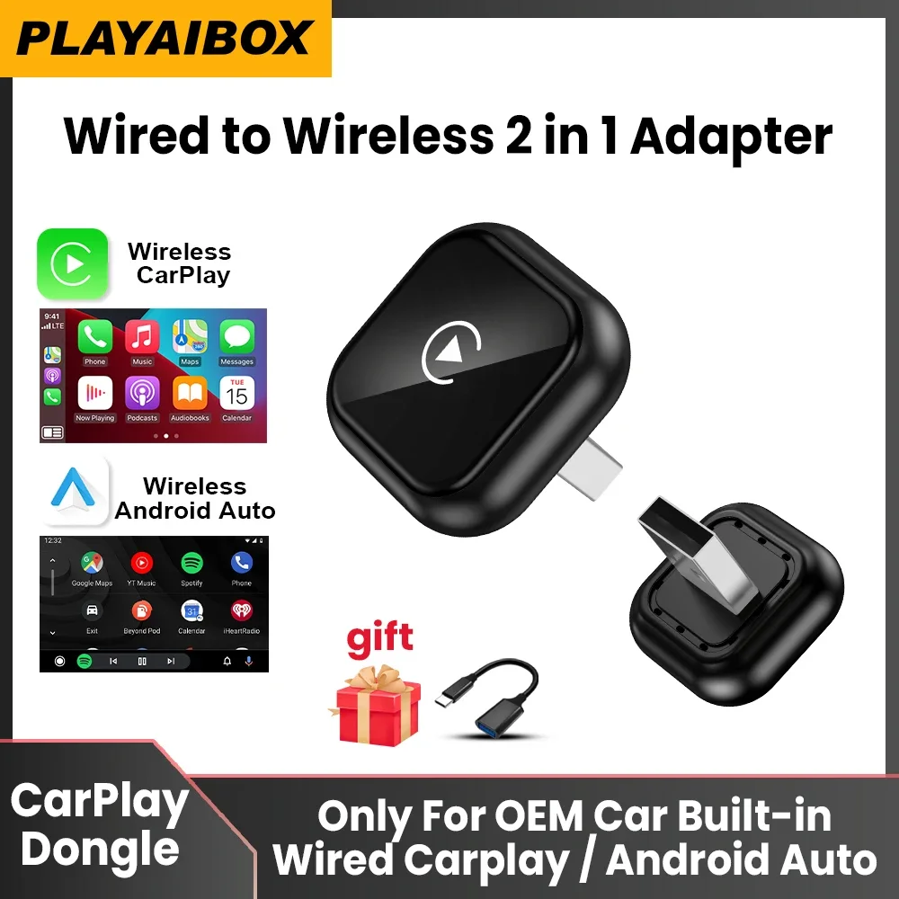 

Беспроводной адаптер CarPlay 2 в 1, Android Auto AI Smart Box, автомобильная интеллектуальная система, подходит для VW Toyota Nissan Honda Kia Opel MG