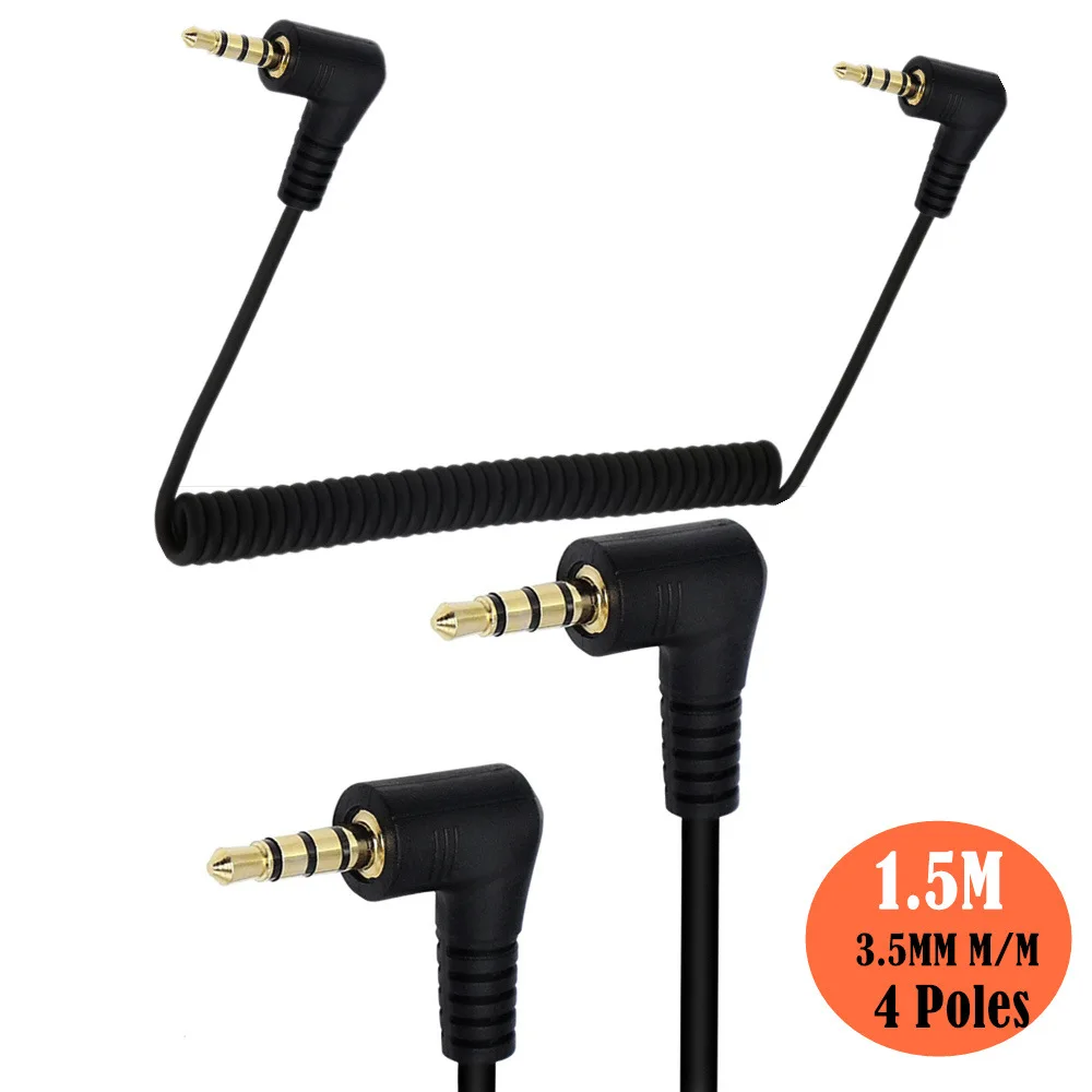 3.5mm Male To Male Jack 4 Pole 90 Degree Plug Extension Aux Audio Coiled Spiral Cable  5ft