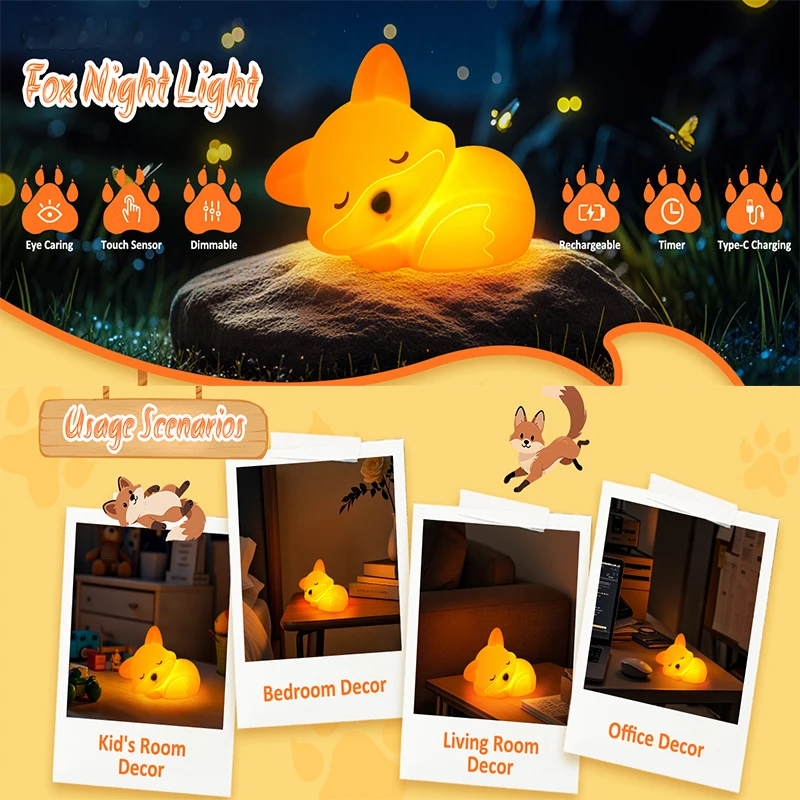 Fox Night Light Rechargeable Squishy Dimmable Nightlight, LED Novelty Animal Toy Cute Stuff, Baby Tollders Room Décor