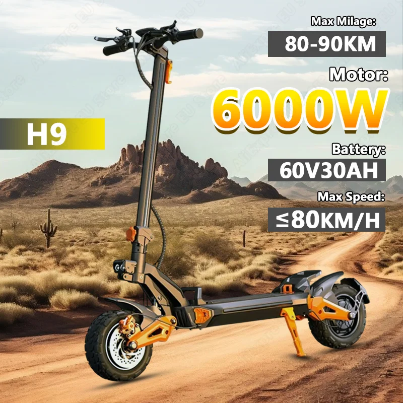 

H9 E-Scooter 6000W Dual Motor 60V38Ah Battery Electric Scooter Max Speed 80KM/H 11-inch Off-road Tire Double Suspension EScooter