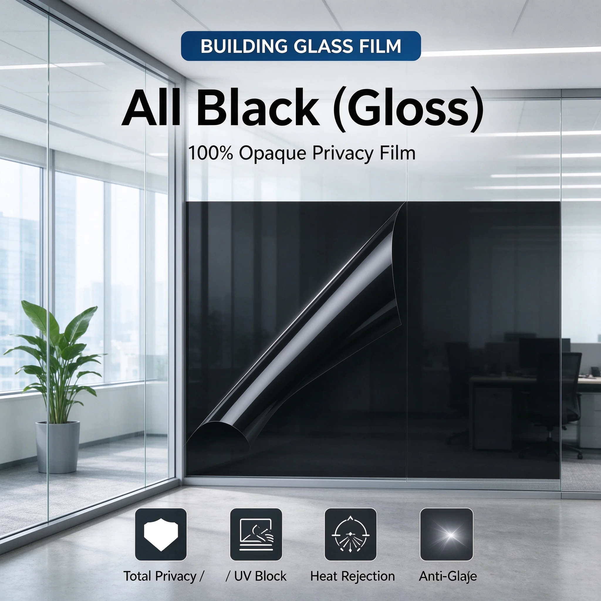 All Black PET Window Film Roll Heat Insulation Anti UV One Way Vision Privacy Glass Tint DIY Install For Home Car