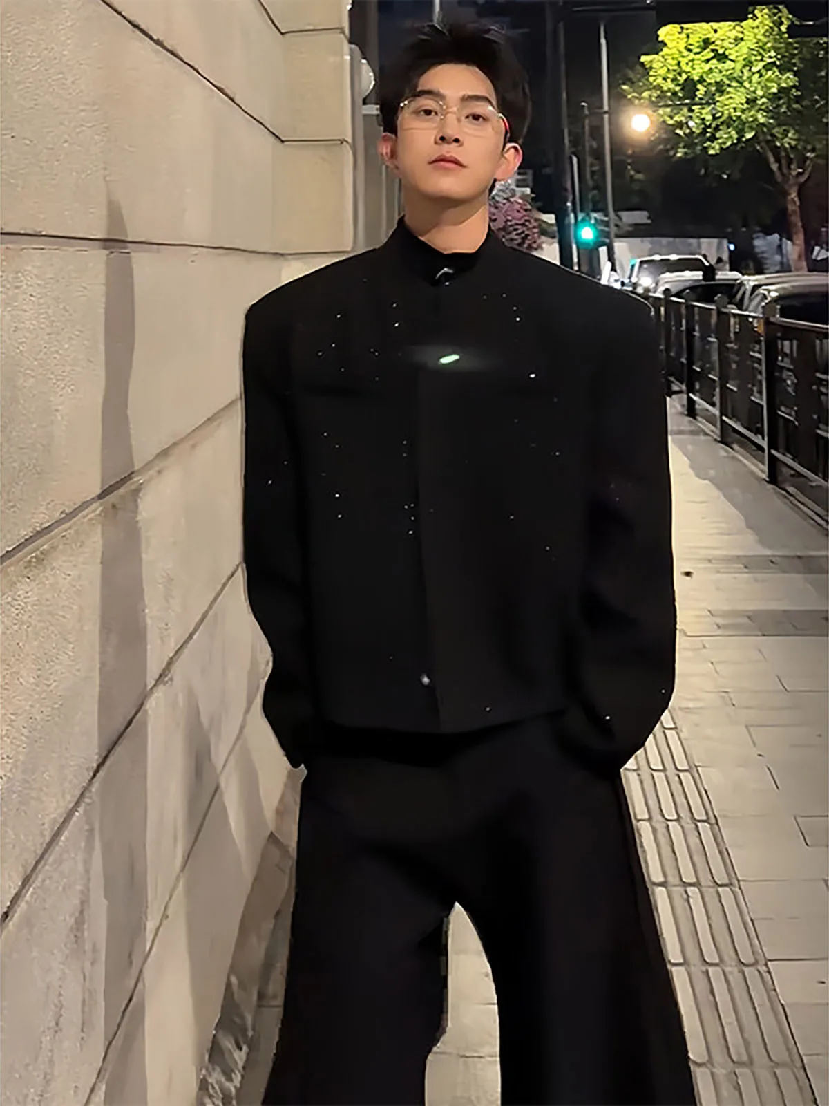 Black Shoulder Pad Short Jacket Men's Handsome High-End CleanFit Woolen Suit Coat Spring Youth Casual Fashion Trend