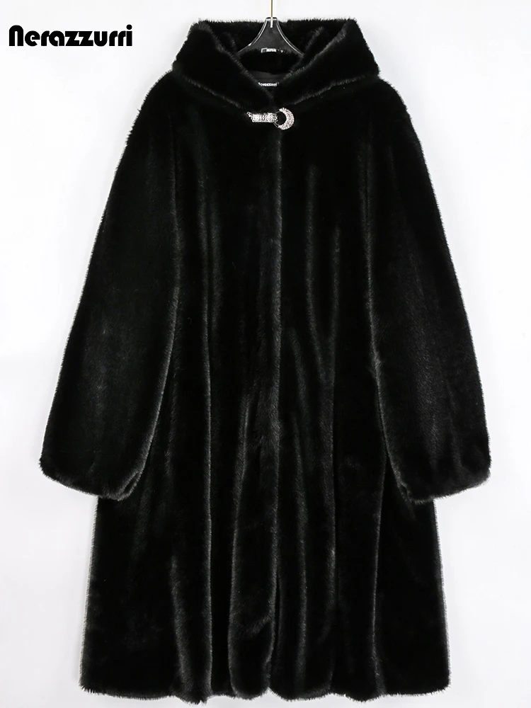 Nerazzurri Winter Lange Zwarte Dikke Warme Pluizige Faux Mink Fur Jassen Voor Vrouwen Winterwear Met Kap Luxe Pluizige Jas 6xl 7xl