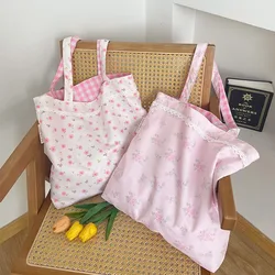 Pink Floral Canvas Shoulder Bag Handbag Korean Travel Beach Bag Double-sided Shopping Totes Bag Girl Lace Underarm Bag