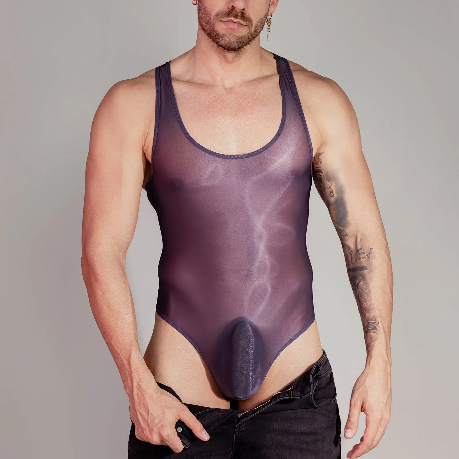 Men Mesh Undershirts Leotard See Through Sissy Sheer Bodysuits T-back Thongs Silk Slip Jumpsuits Wrestling Singlet Underwear