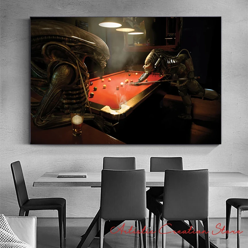 Alien Vs Predator Play Billiards Play Chess Poster Art Canvas Painting HD Print Pictures for Game Room Living Room Home Decor