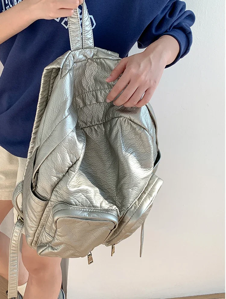 LEFTSIDE 2023 Silver Travel Zipper Back Pack Korean Fashion Simple Solid ColorBackpack for Women School Bags for Teenagers Girls