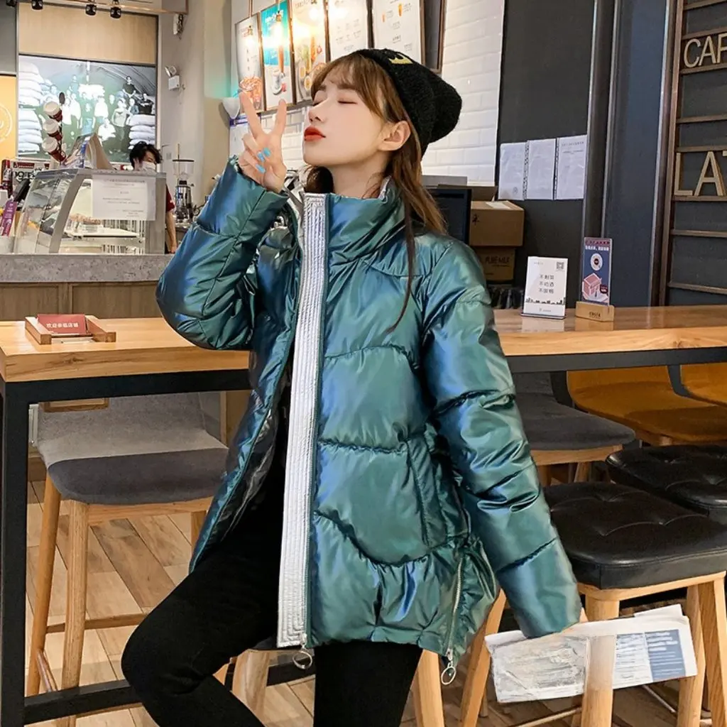 

Women's Hooded Short down Cotton Jacket Glossy Loose Fit Warm Stand Collar Winter Outwear Bread Style
