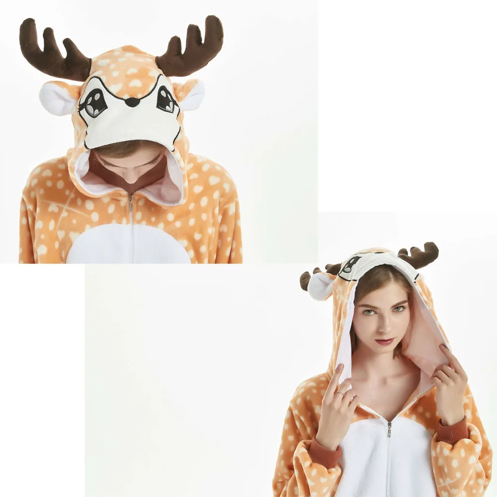 Kigurumi Onesie Pajamas Zip Cartoon Deer Jumpsuits For Adult Women Men Animal Pyjamas Pajama Cosplay Costume Nightwears Overalls