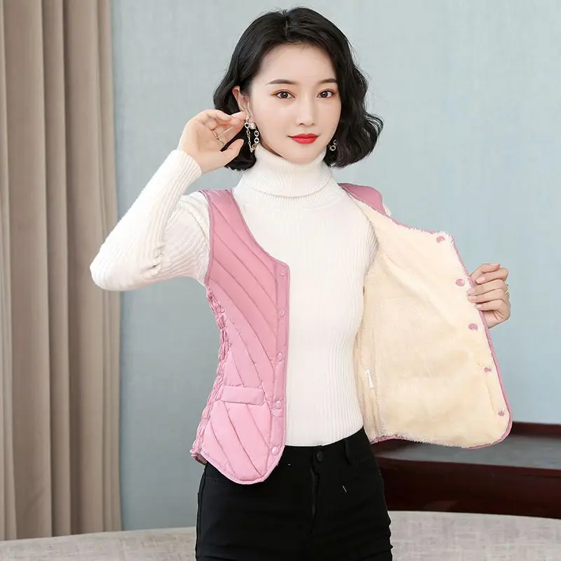 Women Autumn Winter Fashion Simplicity All-match Button Solid Color V-neck Women Clothes Appear Thin Cotton Liner Thick Vest top