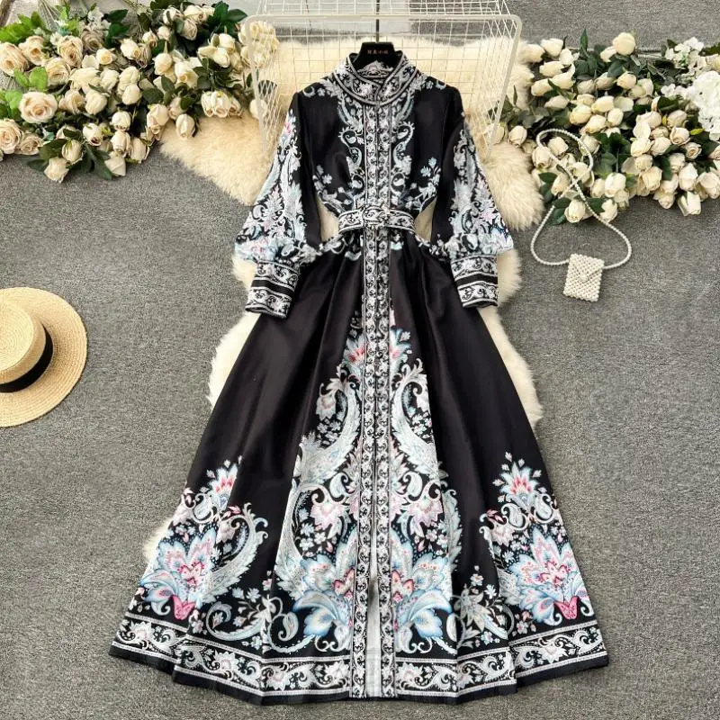 New Women Palace Style Dress Collar Row Buckle Slim Retro Printed Bubble Sleeve Waist-Controlled One-Piece Dresses Holiday Skirt