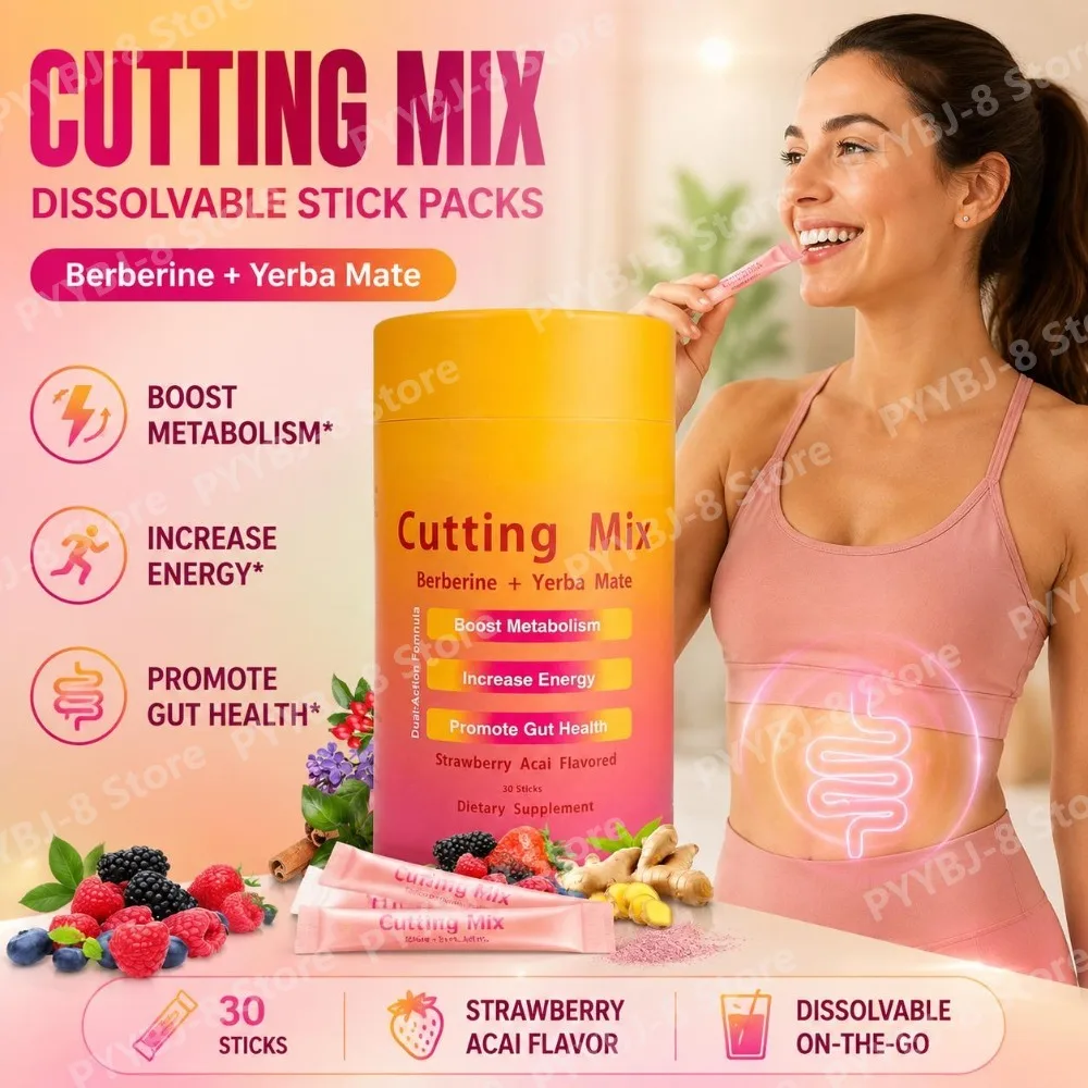 Berberine Supplement Powder Sticks 30 Pack Strawberry Acai Flavor with FOS Prebiotics Yerba Mate Gut Health & Metabolism Support