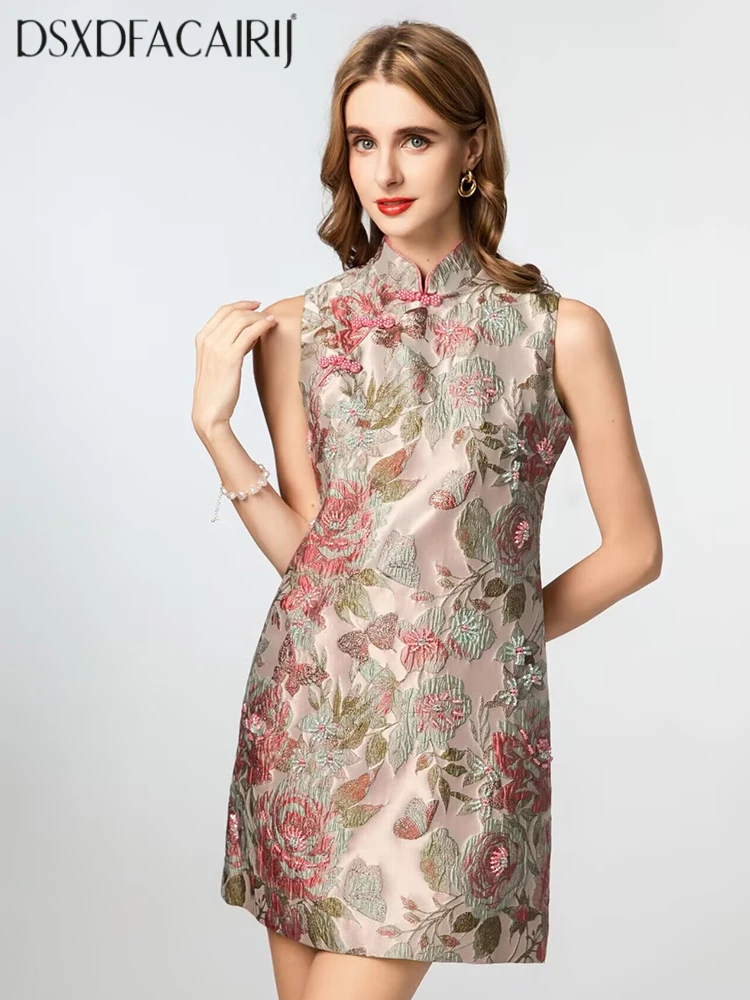 DSFACAIRIJ Mini abito vintage da donna con perline di cristallo, colletto alla coreana, senza maniche, jacquard, abito estivo alla moda