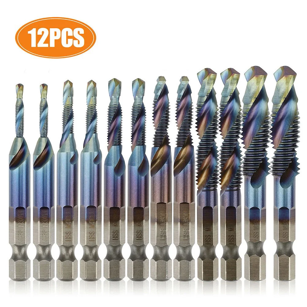 12pcs Tap Drill Bit Set Hex Shank Titanium Plated HSS Screw Thread Bit Screw Machine Compound Tap M3-M10 Hand Tools