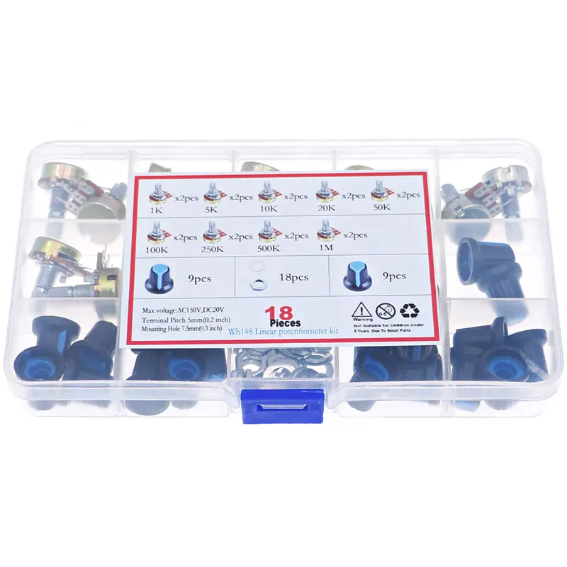 18Pcs WH148 Single Potentiometer Kit 3Pin B1K/5K/10K/20K/50K/100K/500K/1M with knobs Single potentiometer set Shaft Nuts +BOX