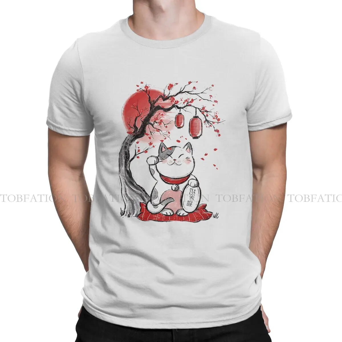 Maneki Neko Waving Arm Red Moon Beckoning Unique TShirt Lucky Cat Comfortable Creative Graphic  T Shirt Short Sleeve Hot Sale