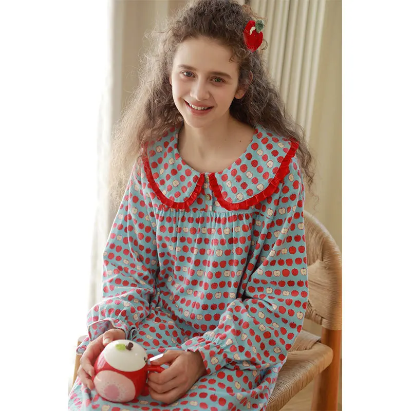 فستان نوم نسائي 100% من القطن المصقول بأكمام طويلة وياقة الدمية الحلوة قمصان نوم مطبوعة تصميم فضفاض ملابس نوم متوسطة الطول
